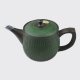 Black clay teapot individually decorated with green feather motif. Handmade in Tokoname by master potters.